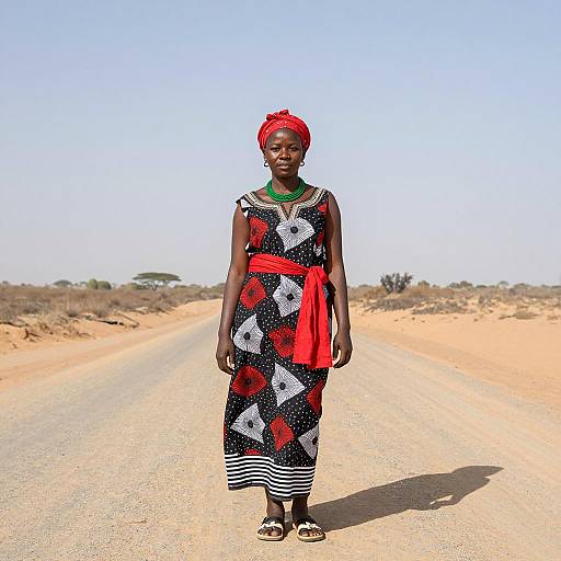 African Woman in Traditional Dress on Sandy Road