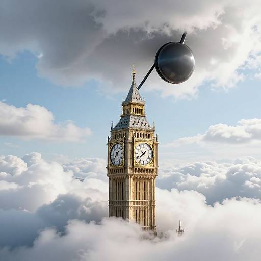 Photograph of London's Big Ben clock tower floating in the sky, surrounded by clouds, with a large black sphere hovering above. Bright blue sky with