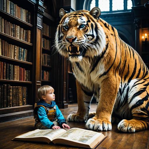 Child and Saber-Toothed Tiger in Ancient Library Child and Saber-Toothed Tiger in Ancient Library