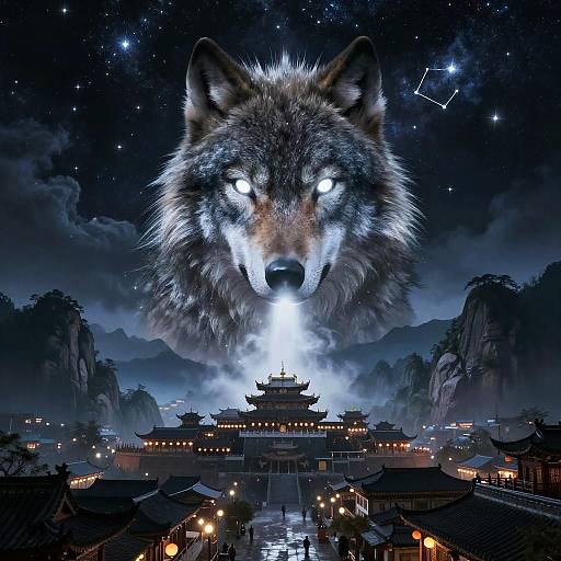 Digital artwork: Giant wolf head with glowing eyes looms over traditional Asian village with illuminated pagodas under a starry night sky.