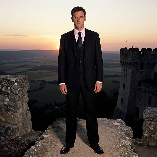 Photograph of a man in a black suit, white shirt, and pink tie standing on a stone ledge at sunset, with a medieval castle tower in