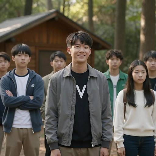 Group of Teenagers Standing in Forest with Wooden Cabin