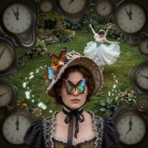 Photograph of a woman in Victorian attire with colorful butterfly sunglasses, straw hat with orange butterflies, black choker, surrounded by clock frames, with a