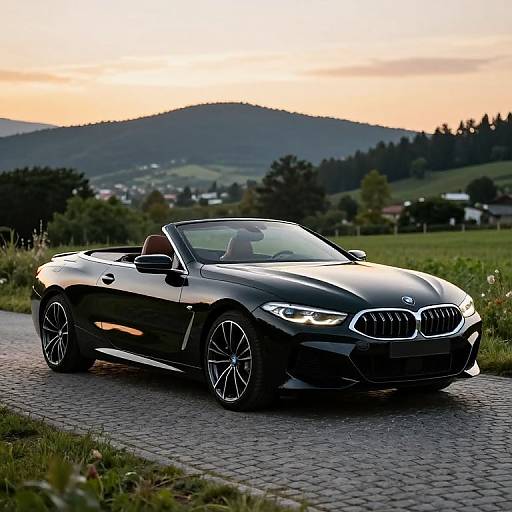 Photograph of a sleek black BMW Z4 convertible driving on a cobblestone road with a scenic, sunset-lit countryside background.