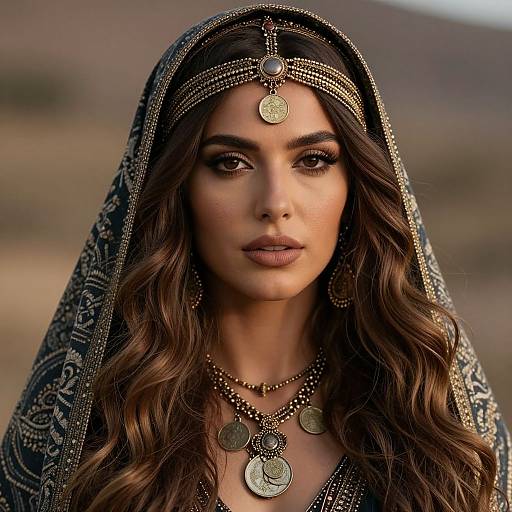 Photograph of a beautiful Middle Eastern woman with long, wavy brown hair, wearing a patterned black veil, gold jewelry, and coins on a