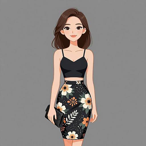 Smiling Woman in Trendy Floral Skirt