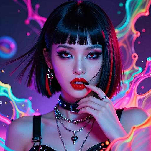 Digital portrait of an Asian woman with black bob, red lipstick, and gothic attire, surrounded by vibrant neon lights.