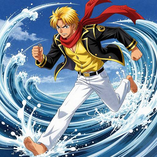 Dynamic Blonde Anime Runner in Waves