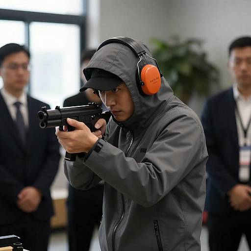 Man aiming with submachine gun indoors