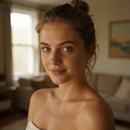Photograph of a fair-skinned, blue-eyed woman with brown hair in a bun, smiling subtly, wearing a strapless white top, in a