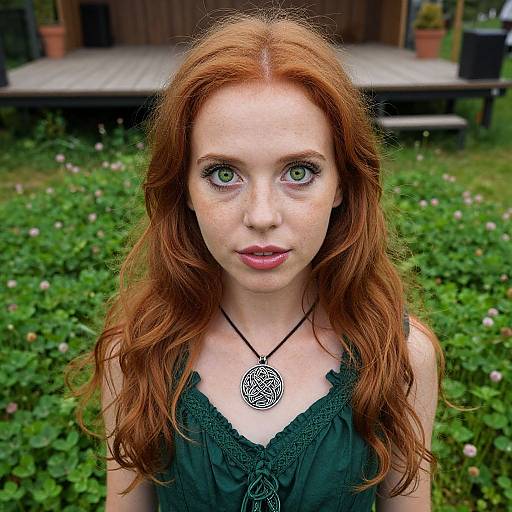 Photograph of a fair-skinned, red-haired woman with green eyes, wearing a black lace dress and silver Celtic necklace, standing in a lush,