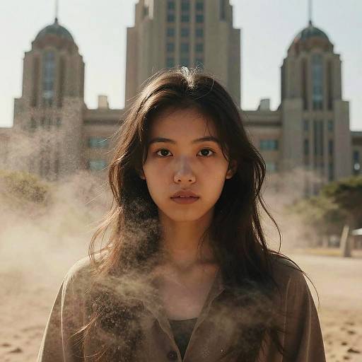 Photograph of an Asian woman with long, dark hair, standing in a dusty outdoor area, facing the camera, with a tall, urban building in