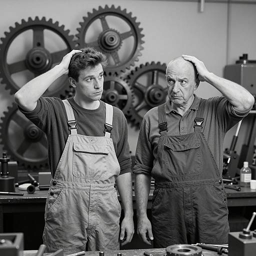 Puzzled Men in a Mechanical Workshop