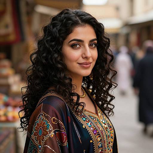 Photograph of a beautiful Middle Eastern woman with long, curly black hair, wearing an ornately embroidered black and gold traditional dress, standing in a bustling
