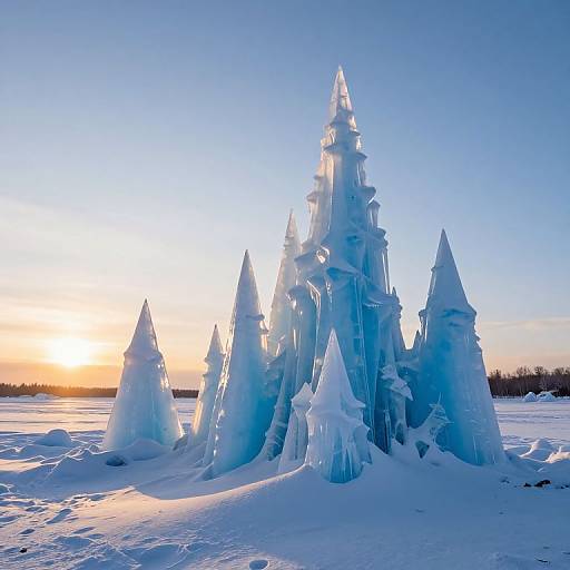 Photograph of towering ice sculptures in a snowy landscape at sunset, with blue and orange sky, reflecting sunlight on the ice.