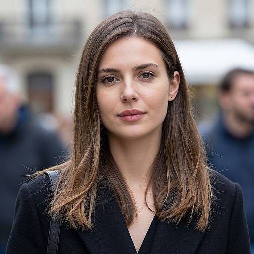 Photograph of a young woman with straight brown hair, fair skin, and subtle makeup, wearing a black blazer, standing in an urban, blurred