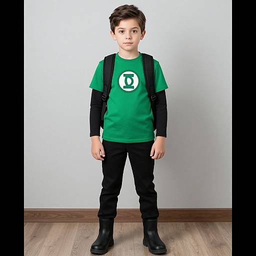 Photograph of a young boy with short brown hair, wearing a green shirt with a white symbol, black pants, and boots, standing against a plain