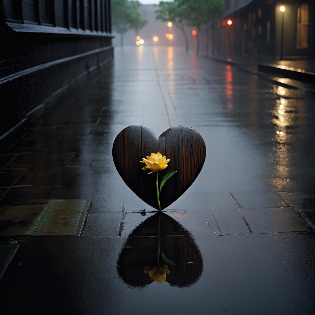 Wooden Heart and Wilted Flower in Rain