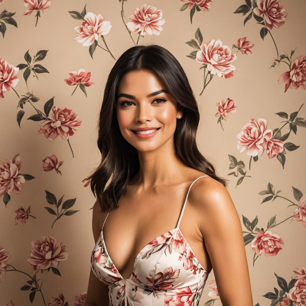 Smiling Model in Floral Lingerie Shoot