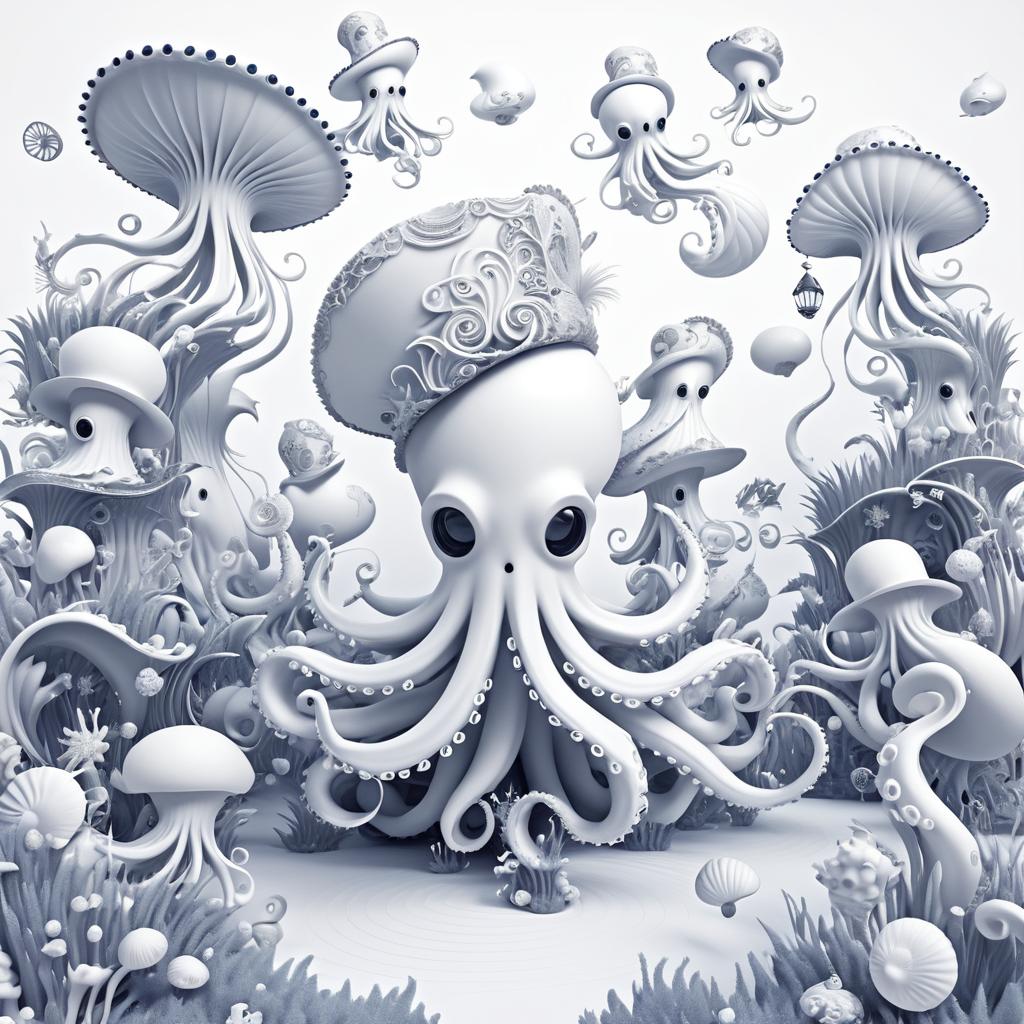 Surreal Octopus Line Art in Dreamscape