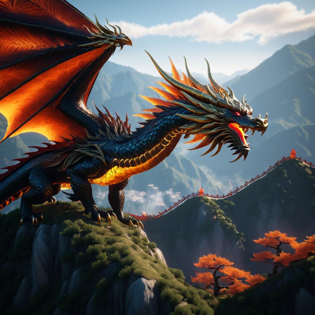 Majestic Dragon Soaring Over Mountains