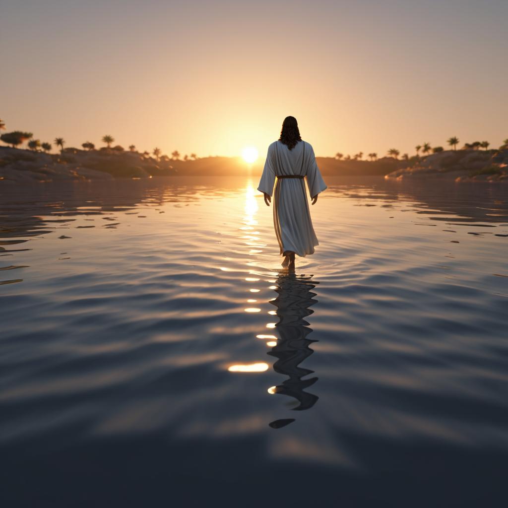 Jesus Walking on Water at Sunset