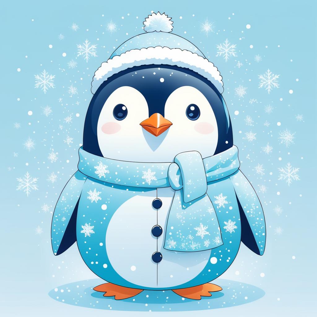 Whimsical Penguin Illustration with Snowflakes