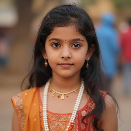 Photograph of a young Indian girl with long black hair, wearing a red and gold traditional dress, white bead necklace, and red bindi, standing