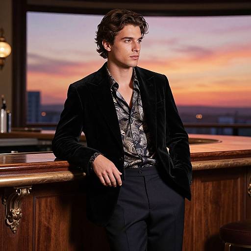 Photograph of a handsome young man with wavy brown hair, wearing a black velvet blazer and patterned shirt, leaning on a wooden bar against