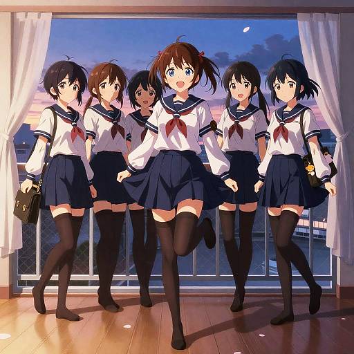 Anime Schoolgirls in Sailor Uniforms on Rooftop at Dusk