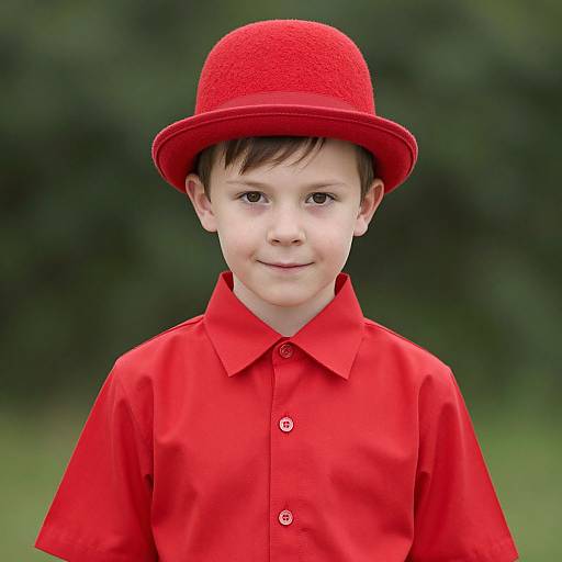 Photograph of a young boy with fair skin, brown eyes, and short brown hair, wearing a bright red hat and red shirt, standing outdoors with