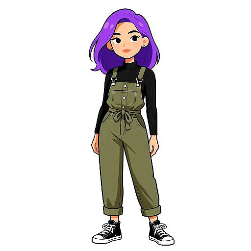 Digital anime-style drawing of a purple-haired girl in olive green overalls, black long-sleeve shirt, and black sneakers, standing against a white