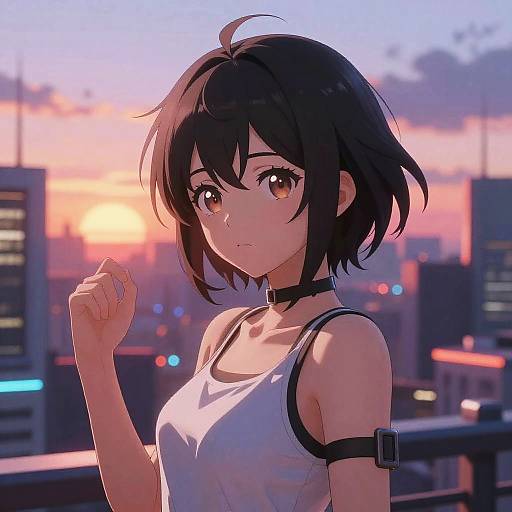 Anime Girl with Short Hair at Sunset