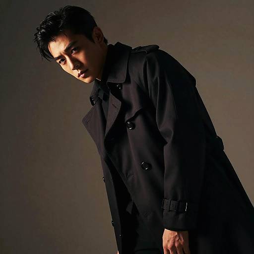Photograph of a young Asian man with short black hair, wearing a black trench coat, leaning slightly to the right under dim lighting.