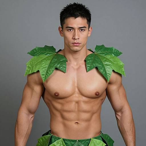 Photograph of a muscular Asian man with short black hair, wearing leaf shoulder armor and leaf skirt, against a gray background.
