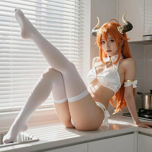 Cosplay Woman in Sunlit Kitchen