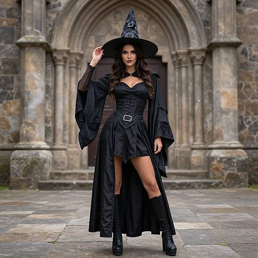 Photograph of a dark-haired woman in a black witch costume, wide-brimmed hat, corset, long dress, boots, standing in front