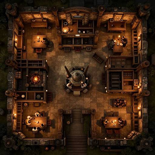 Aerial photograph of a warmly lit, ornate, ancient-style mansion with four rooms, each containing lit candles, dark wooden furniture, and a central