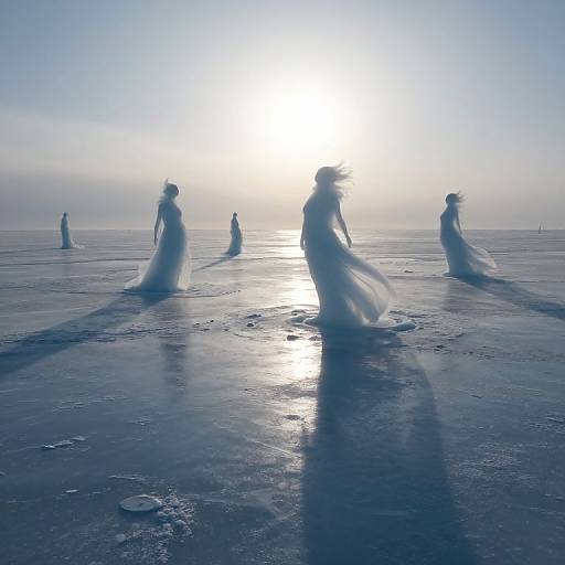 Photograph of ethereal, silhouetted brides in flowing gowns walking on a frozen, reflective surface at sunrise, with a bright, glowing