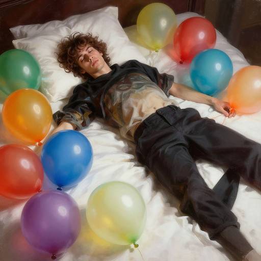 Photograph of a young man with curly brown hair, black shirt, and black pants lying on a white bed surrounded by colorful balloons (red, orange