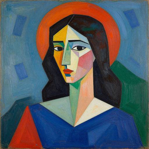 Abstract painting of a serene woman with a red halo, multicolored face, black hair, blue robe, and green background. Geometric style.
