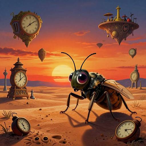 Digital illustration of a giant, detailed ant with large eyes standing on a surreal, orange desert sunset, surrounded by floating clock towers and hot air balloons.