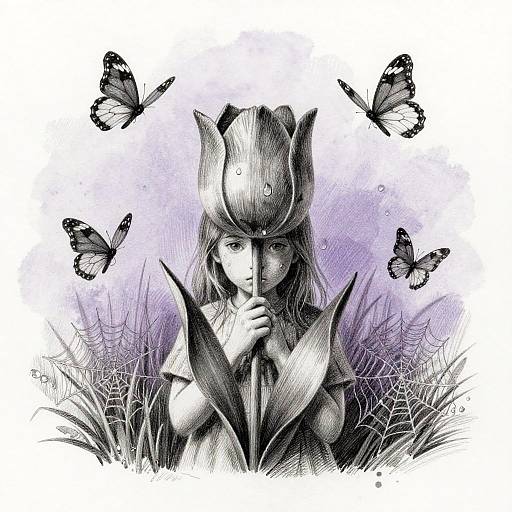 Monochrome Shy Girl with Tulip Hat