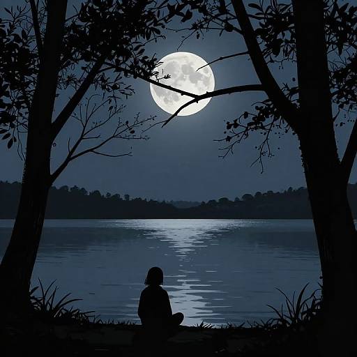 Silhouetted figure sits by moonlit lake, framed by trees, with bright full moon reflecting on calm water. Digital art.