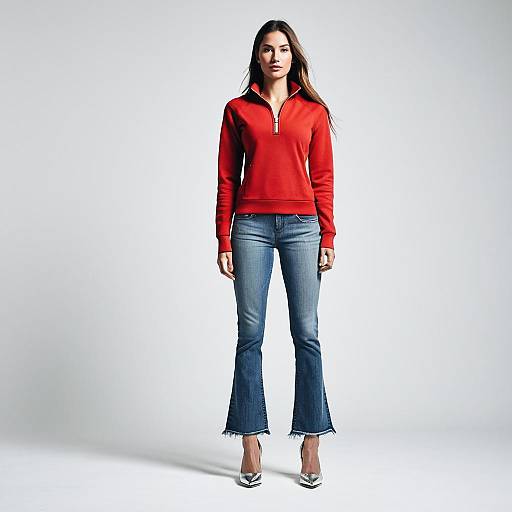 Stylish Woman in Red Sweatshirt and Bootcut Jeans