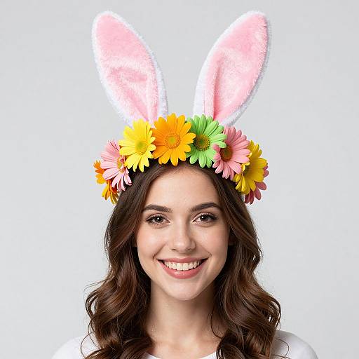 Photograph of a smiling young woman with wavy brown hair, wearing a colorful flower crown with pink bunny ears, against a white background.