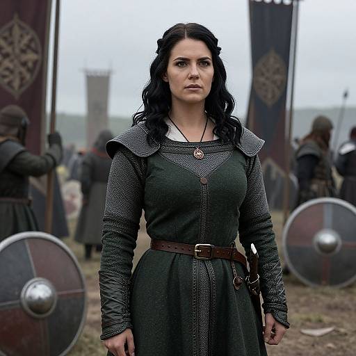 Photograph of a serious, dark-haired woman in medieval armor, standing among Viking warriors with shields and banners in a grassy battlefield.