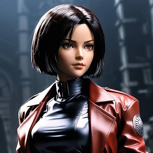 Digital CGI portrait of an Asian woman with a short black bob, wearing a shiny black leather top and red leather jacket, standing in a dark, go