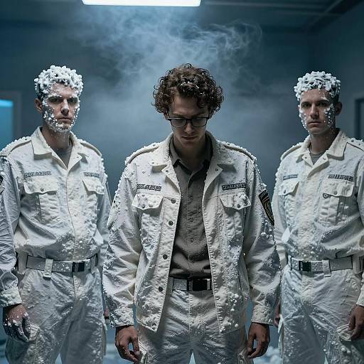 Men in foam-covered military uniforms in smoky room