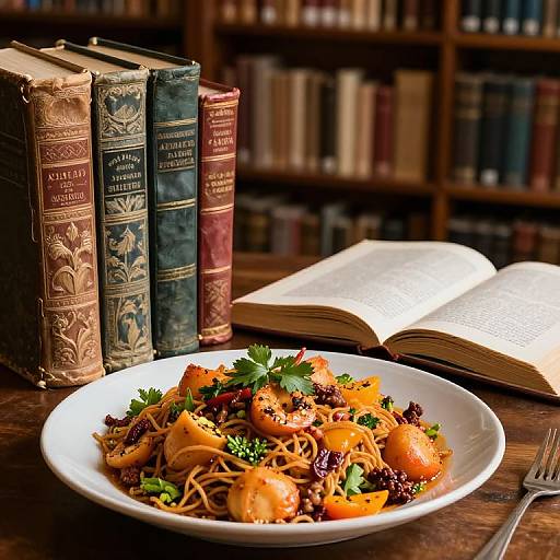 Photograph: Plate of roasted squash noodles with parsley, next to open book and vintage leather-bound books on wooden table.
